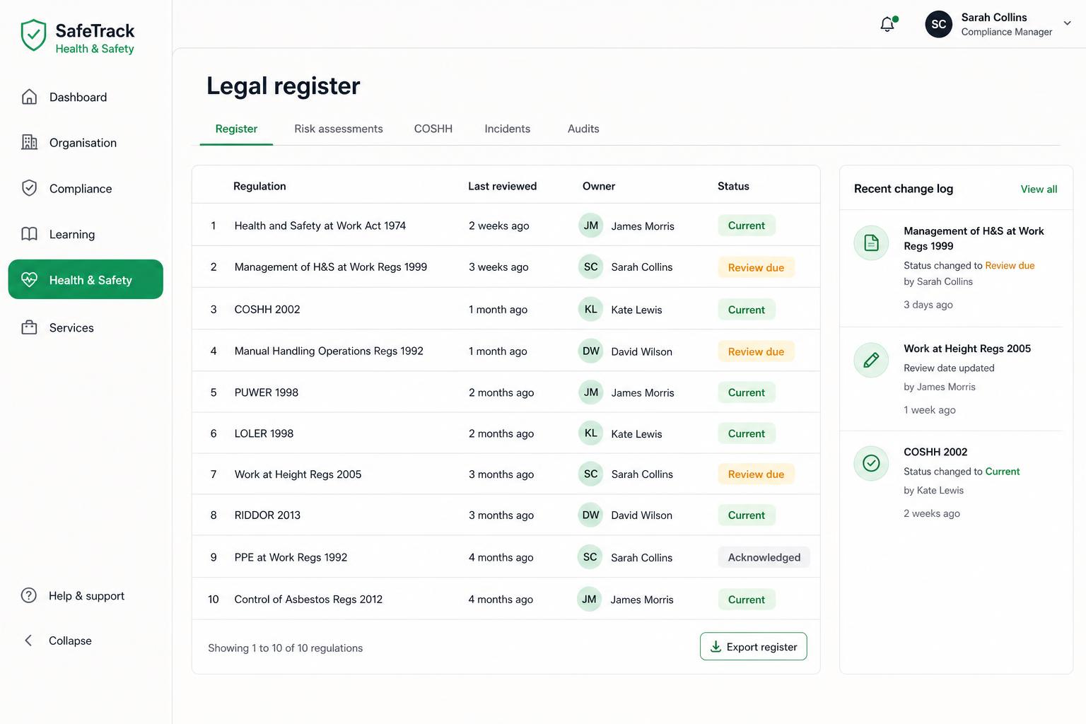 Health & Safety module — UK legal register with review status and recent change log.