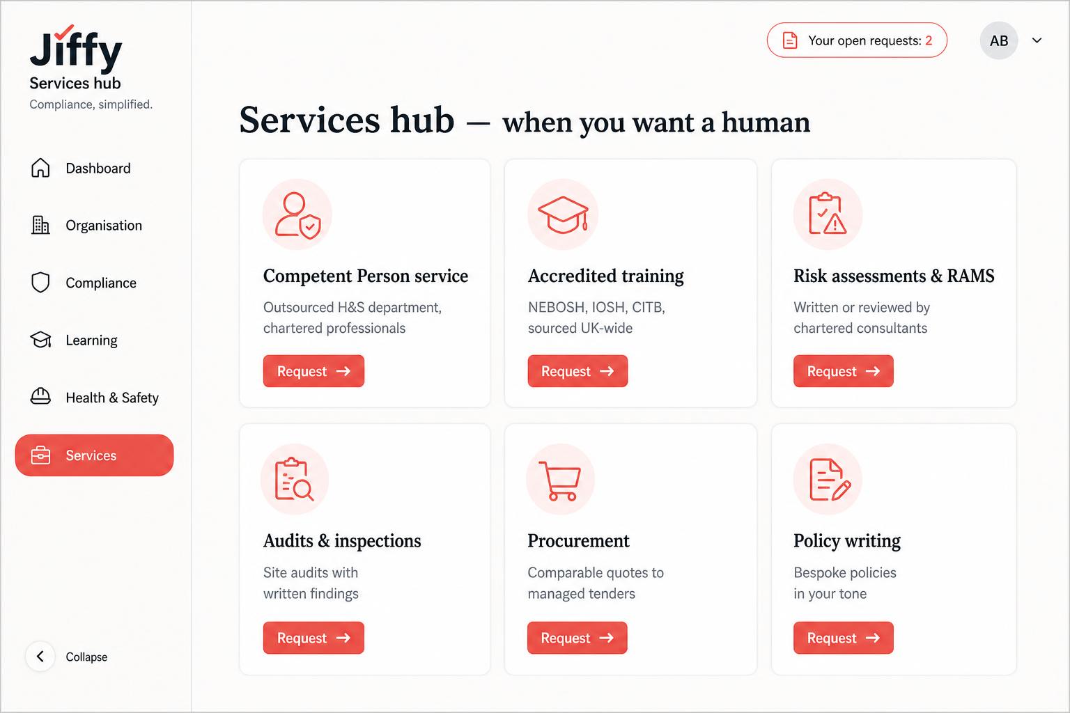 Jiffy Services hub — consulting, accredited training and procurement, requested through the platform.